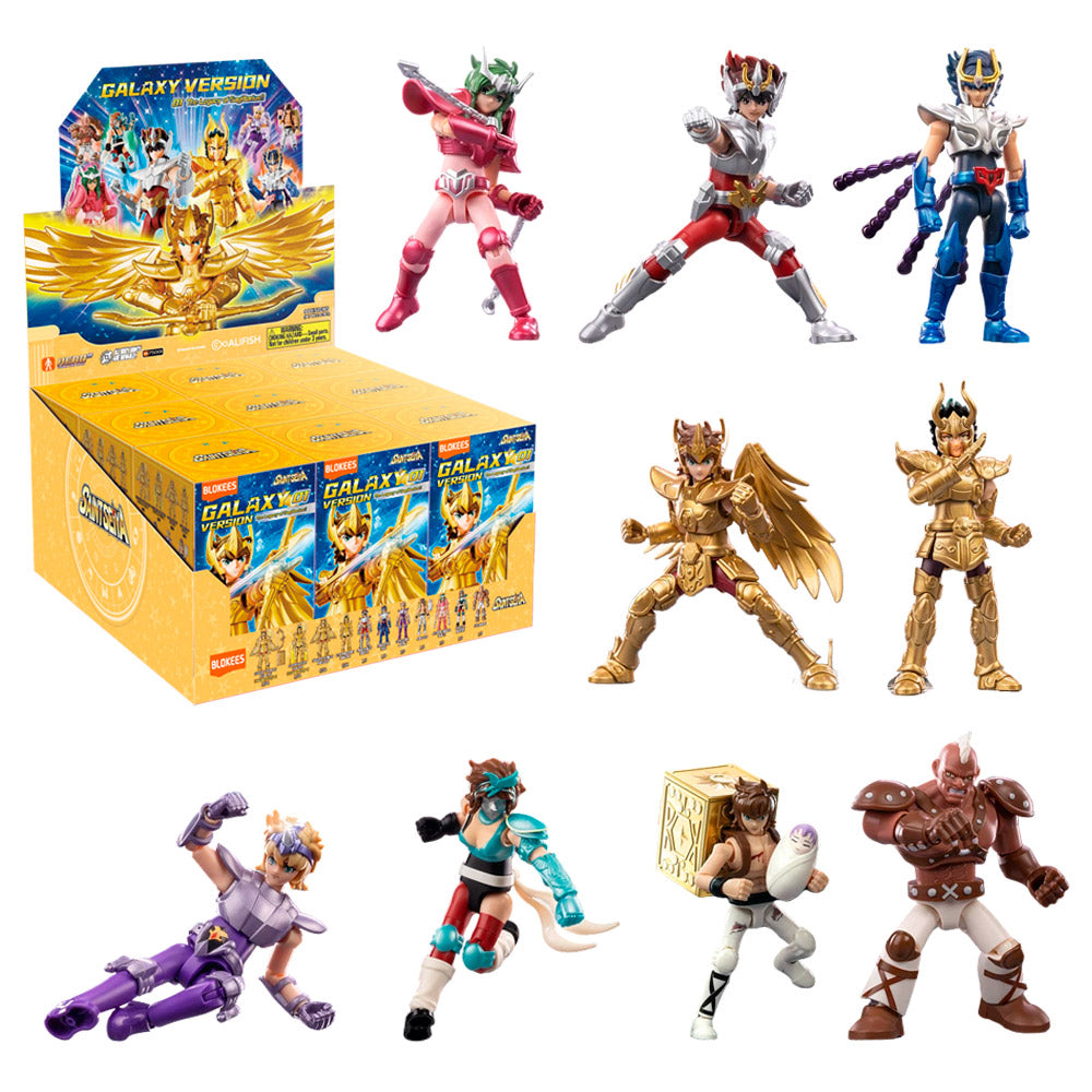 Figuras Blokees sorpresa Saint Seiya colección con personajes detallados y caja exhibidora amarilla Figuras Blokees sorpresa Saint Seiya colección con personajes detallados y caja exhibidora amarilla